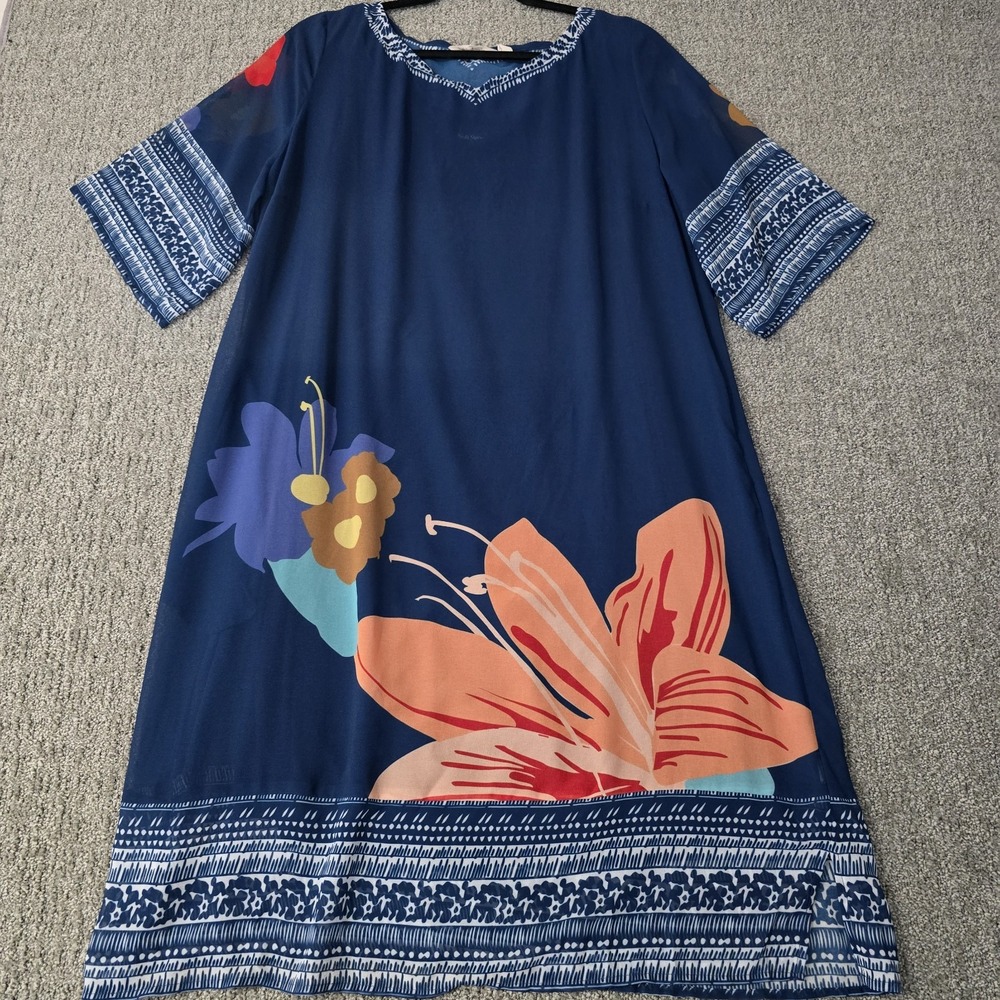 Soft Surroundings XL Floral Midi Dress Navy Tropical Boho Vacation Resort